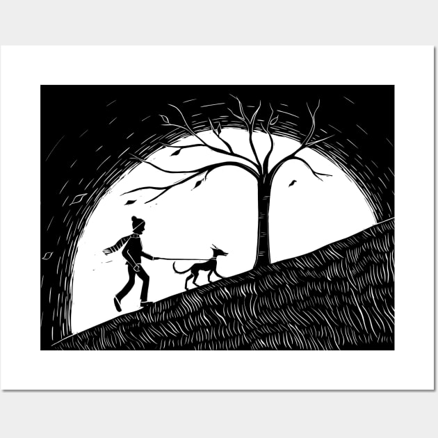 Whippet Dog Walker Sunset Linocut Wall Art by Maddybennettart